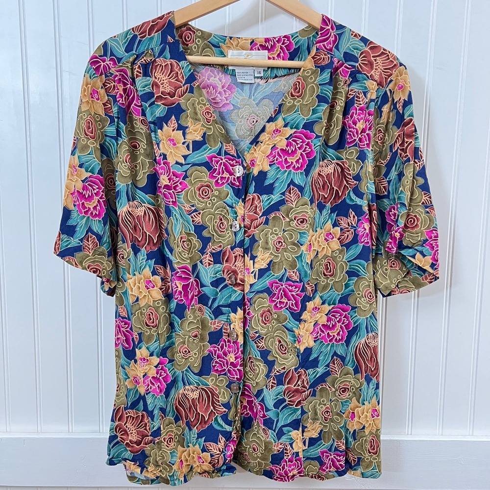 Worthington Vtg Blouse Maximailst Art Floral Button Down Hippie Regency Plus